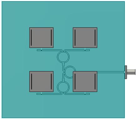 Obr.7. 3 Model anténní řady 2x2 pohled ze shora. 7.1 Napájecí síť Napájecí síť anténní řady byla navržena a namodelována na substrát, který je dostupný na URELu.