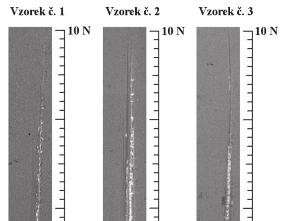 4.5.2 Výsledky zkoušky Vzorek. 1 k pravidelnému odtržení v celé ší ce vrypu za alo docházek p i 67 N. Vzorek. 2 kritické zatížení u tohoto povlaku bylo nejmenší, 59 N.