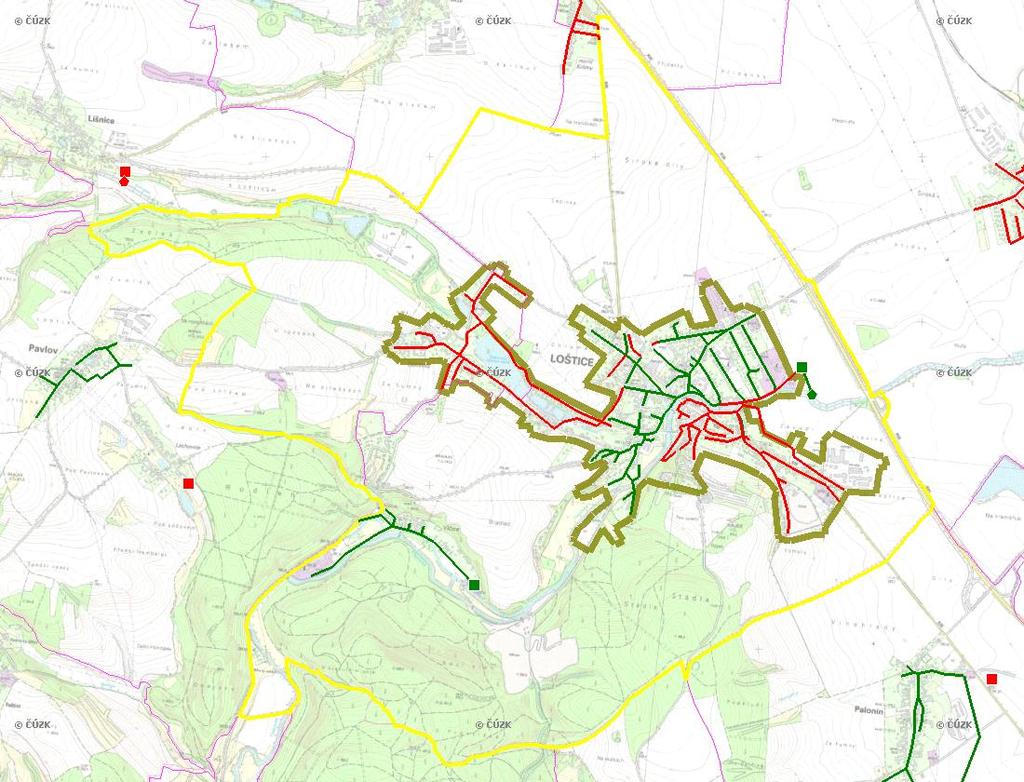 E. KANALIZACE A ČOV Mapa E1: Kanalizace - rozvody v obci Trasování sítí, lokalizace ČOV, čerpací stanice (ČS), výústě Obec: Loštice Legenda: Kanalizace: Ochranné pásmo: Vyústění: do 2015 po 2015 I IA