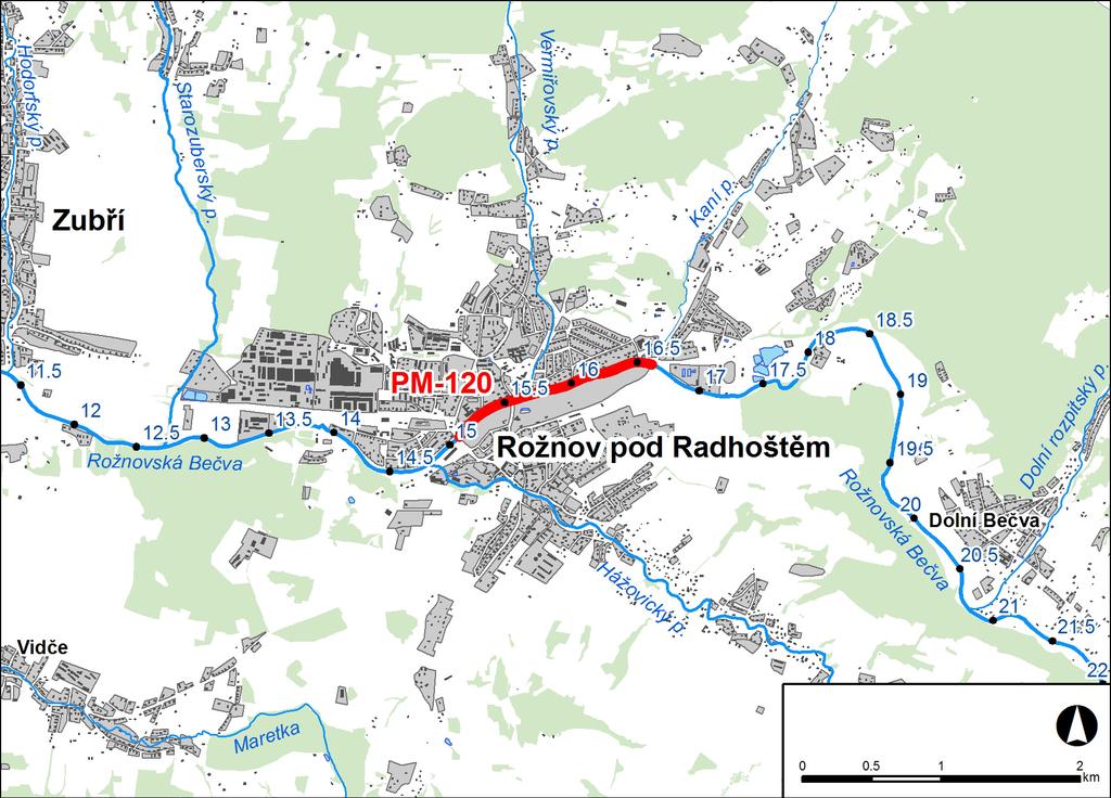 1. LOKALIZACE Předmětem řešeného území je úsek na toku Rožnovská Bečva v km 15,081 16,612 Úsek A57 PM 120 Rožnosvká Bečva v Rožnově pod - posuzovaný úsek toku vymezený v rámci předběžného vymezení