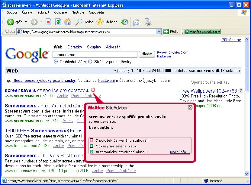 Novinka: McAfee SiteAdvisor SiteAdvisor hodnotí bezpečnost webových stránek a výsledků vyhledávacích enginů na základě komplexních bezpečnostních testů na spam, adware a on-line podvody.