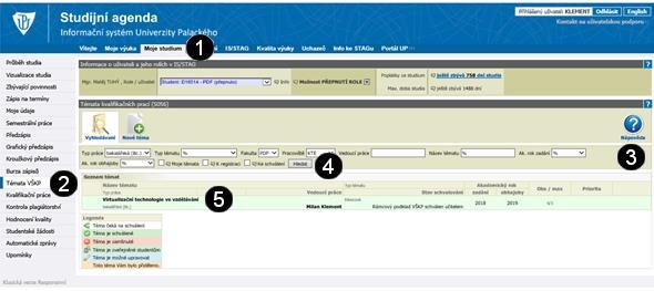 12 Vnitřní norma PdF UP č. PdF-B-18/08 Příloha číslo 3 1) Registrace studenta na vypsané téma VŠKP učitelem Přihlaste se do systému STAG prostřednictvím portálu UP (https://stag.upol.cz/portal).