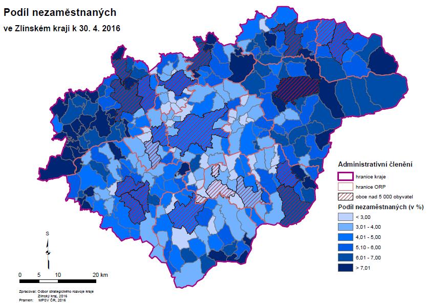 Obr. 10: Míra nezaměstnanosti v obcích Zlínského kraje k 30. 4.