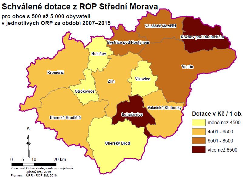 Z pohledu absolutní výše dotace bylo nejvýznamněji podpořeno území ORP Vsetín (absolutní výše dotace 287,3 mil. Kč) a ORP Uherské Hradiště (absolutní výše dotace 224,9 mil.