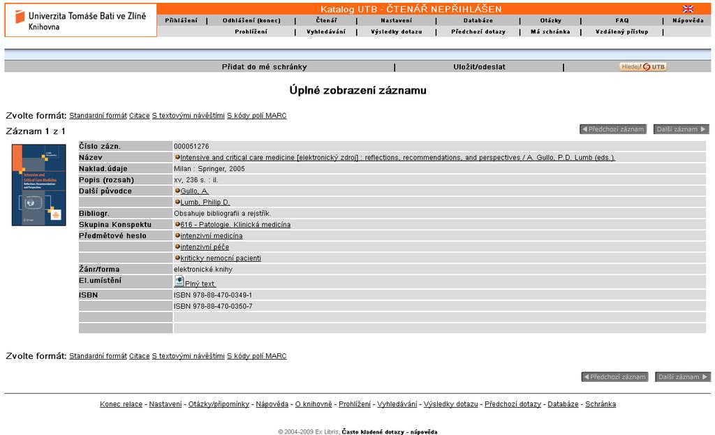 Zobrazení podrobných informací o konkrétním titulu prostřednictvím katalogu knihovny UTB.