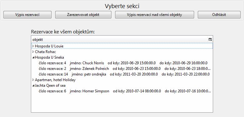 4 Řešení systému pro rezervaci objektů 53 Obrázek 10: Příklad okna pro výpis všech rezervací Technické řešení: Celou stránku tvoří pouze jeden seznam, tedy hierarchický strom.