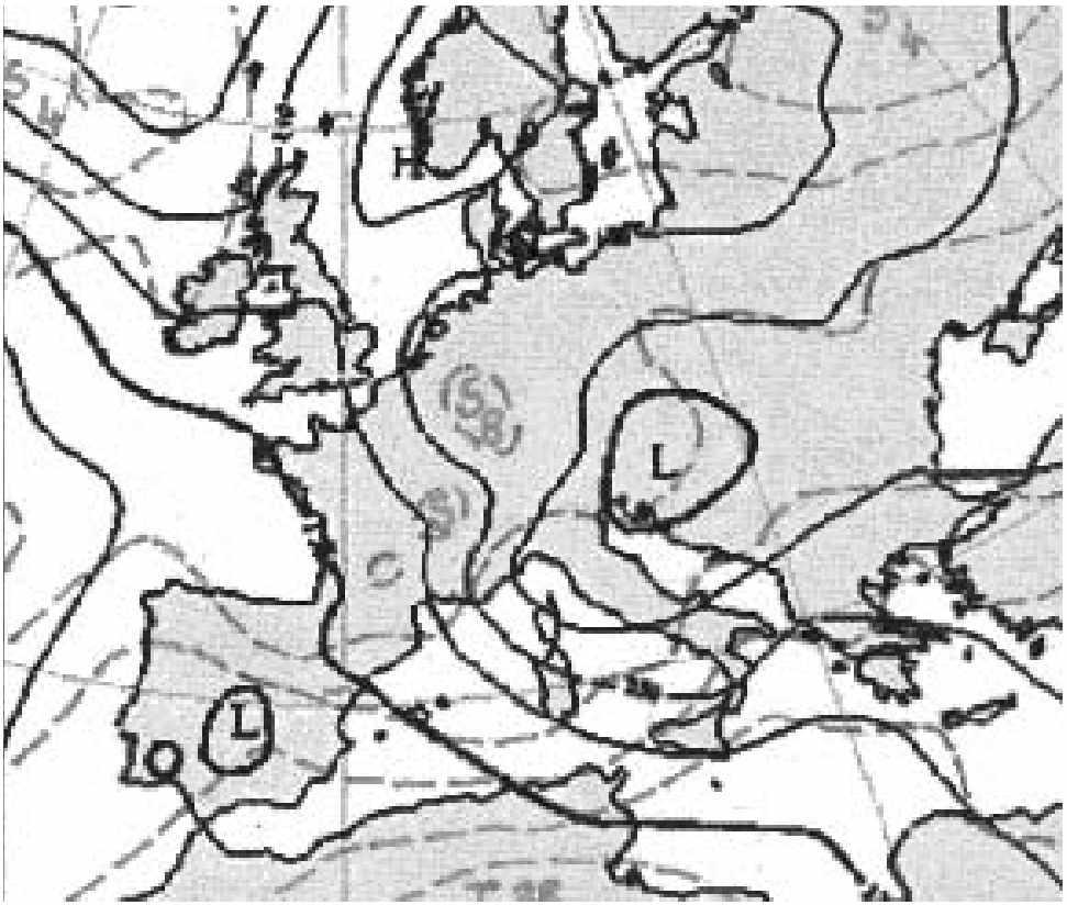 Obr. 10 Mapa hladiny 500 hpa ze 7. 8. 00:00 UTC. Fig. 10. Chart of the 500 hpa level from 7 August 00:00 UTC.
