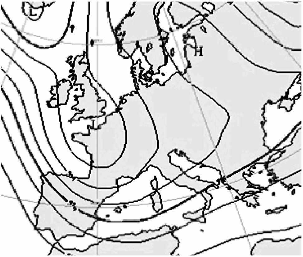 Obr. 21 Mapa hladiny 500 hpa z 10. 8 00:00 UTC. Fig. 21. Chart of the 500 hpa level from 10 August 00:00 UTC.