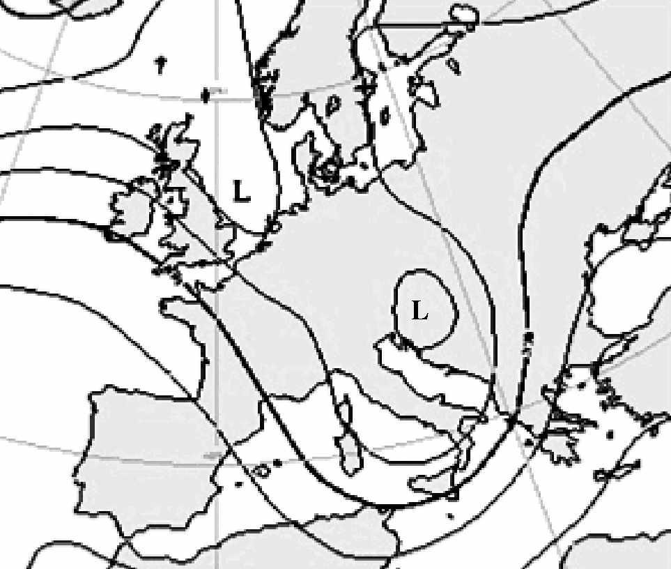 Chart o f the 850 hpa level from 12 August 00:00 UTC. Obr. 31 Mapa hladiny 500 hpa z 12. 8. 00:00 UTC. Fig.