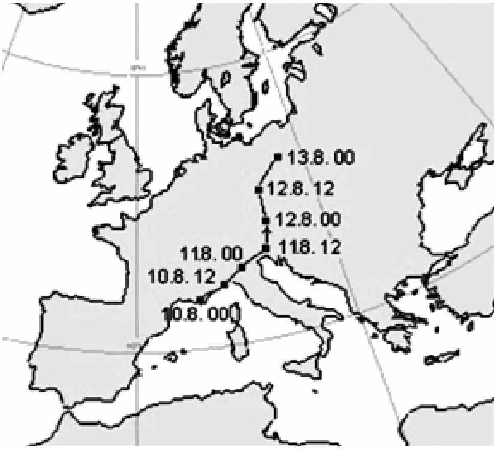 srpna 2002. Z grafu je patrno dvojí zesílení srážek jak na Churáňově, tak i v Temelíně, které je možno dát do souvislosti s postupem okluzní fronty. 5.