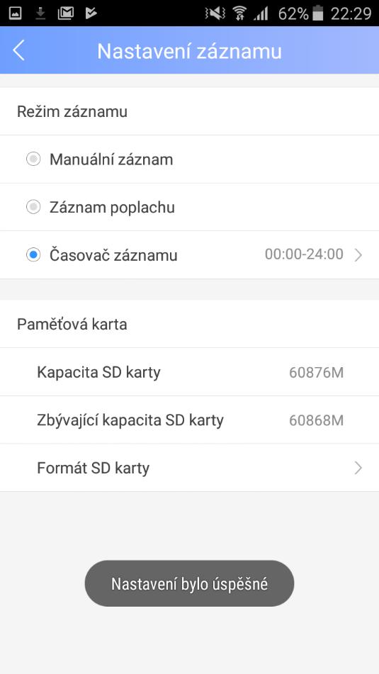 Nastavení nahrávání na interní kartu SD nalezneme v menu Nastavení záznamu.