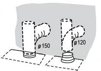 Připojení k systému s odsávací větví Při montáži připojte digestoř ke komínu buď pomocí ohebného nebo pevného potrubí 150 mm nebo 120 mm, jehož výběr je ponechán na osobě montující digestoř.