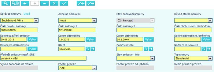 Tím se vytvoří nový záznam o smlouvě ke klientovi (toto může chvíli trvat) a zobrazí se obrazovka pro zadání údajů o smlouvě.