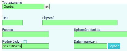 Pokud žádný z vyhledaných záznamů není osoba, kterou chceme zadat, pokračuje kliknutím na ikonu plus (v horní části - ovládací tlačítka systému) a tím se otevře zadávací obrazovka (políčka k zadávání