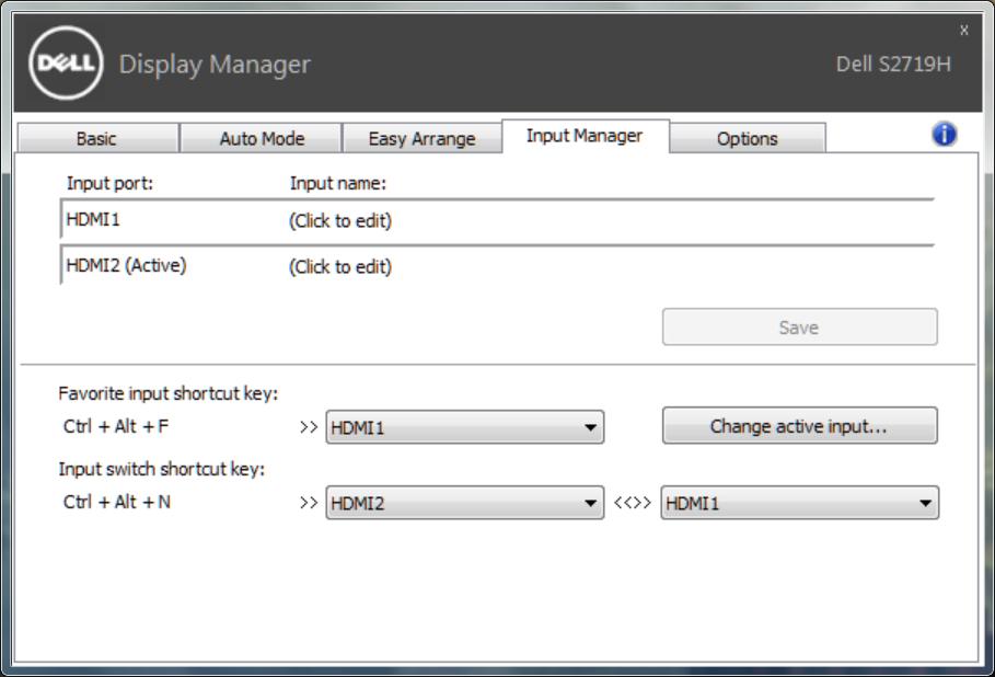 Správa více vstupů videa Karta Input Manager (Správce vstupů) umožňuje pohodlnou správu více vstupů videa připojených k vašemu monitoru Dell.
