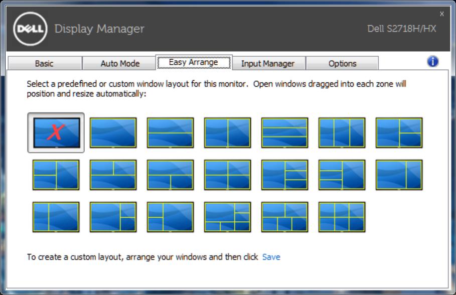Organizování oken pomocí funkce Snadné uspořádání Některé modely Dell jsou vybaveny funkcí Snadné uspořádání, která umožňuje organizovat pracovní plochu vybraného monitoru do různých předdefinovaných
