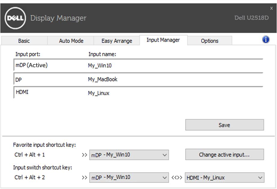 Správa více vstupů videa Karta Input Manager (Správce vstupů) umožňuje pohodlnou správu více vstupů videa připojených k vašemu monitoru Dell.