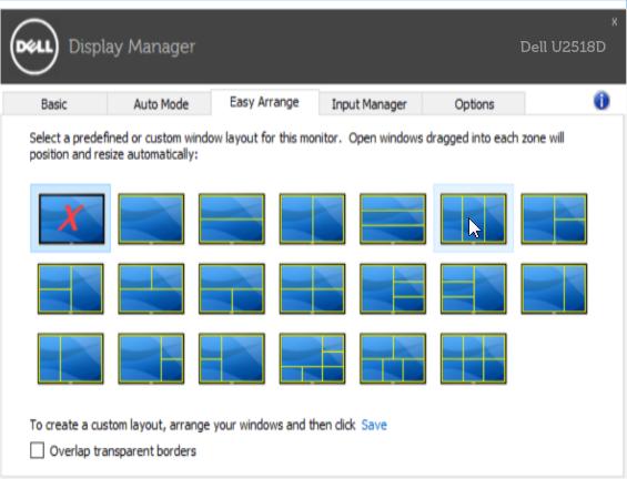 Uspořádání oken s funkcí Easy Arrange Některé modely Dell nabízejí funkci Easy Arrange, která umožňuje uspořádání pracovní plochy vybraného monitoru do řady předdefinovaných nebo vlastních rozvržení.