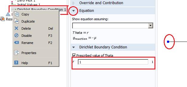 Změní se prostřední okno, jednou po kliknutí na General Form PDE (g), podruhé po výběru Dirichlet Boundary Condition. Je dobře zase kliknout na trojúhelník vlevo u Equation.