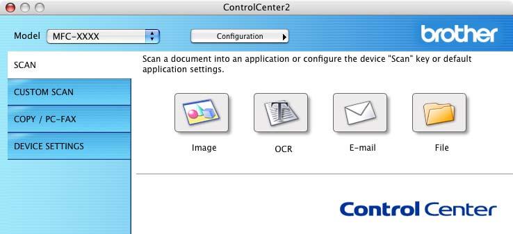 ControlCenter2 SKENOVÁNÍ 10 K dispozici jsou čtyři tlačítka skenování pro aplikace Scan to Image (Skenování do obrázku), Scan to OCR (Skenování do OCR), Scan to E-mail (Skenování do emailu) a Scan to