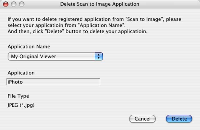 ControlCenter2 Vámi přidanou aplikaci můžete odstranit. Stačí, když vyberete Application Name (Název aplikace) a pak klepnete na tlačítko Delete (Vymazat).