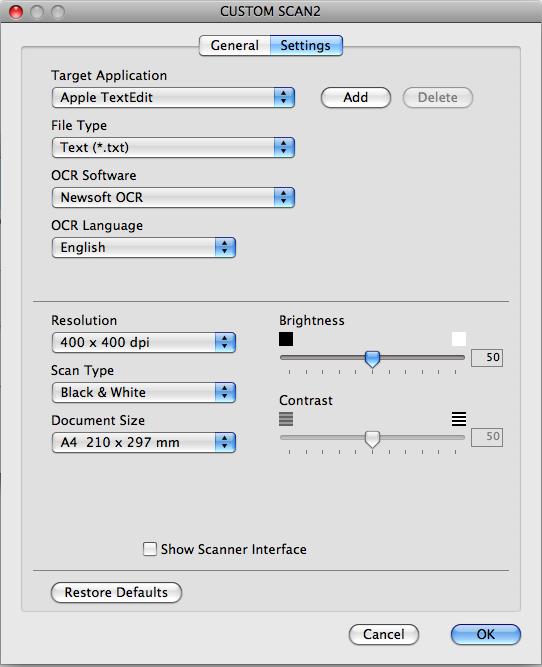 ControlCenter2 Složka Settings (Nastavení) Zvolte nastavení Target Application (Cílová aplikace), File Type (Typ souboru), OCR Software (OCR Software), OCR Language (Jazyk OCR), Resolution
