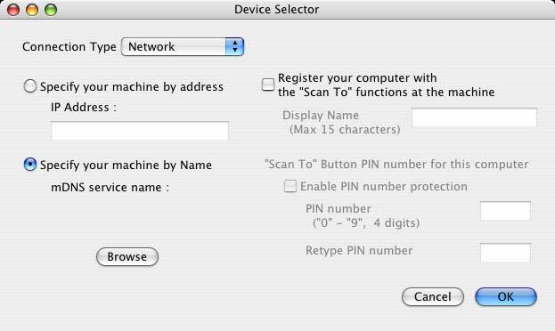 Síñové skenování Konfigurace síñového skenování (Macintosh) 13 Pokud chcete skenovat z přístroje v síti, vyberte síñový přístroj v aplikaci Device Selector (Volič zařízení), umístěné v Macintosh