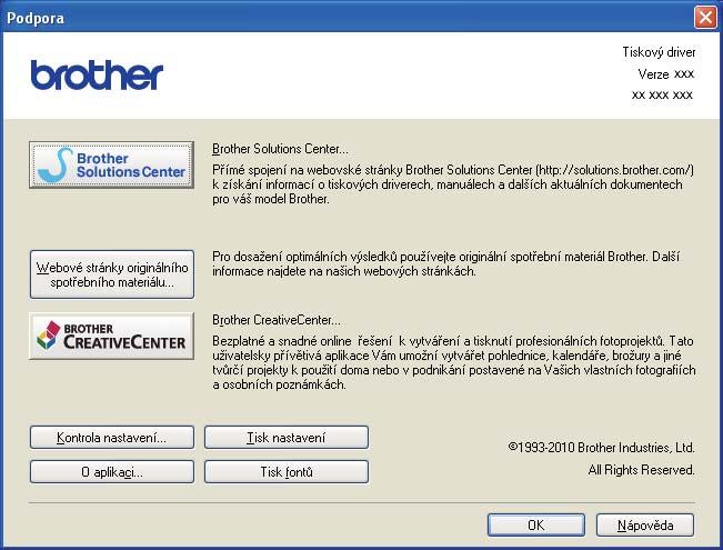 Tisk Podpora 2 V dialogovém okně Podpora... klepněte na tlačítko Předvolby tisku. 2 (1) (2) (3) (5) (6) (4) (7) Brother Solutions Center (1) Brother Solutions Center (http://solutions.
