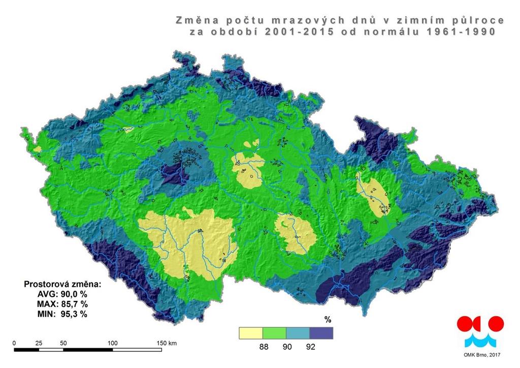 Pokud vezmeme průměrnou řadu pro celou Českou republiku, tak statisticky významný trend byl zjištěn pro měsíce prosinec, leden a dále pro celý rok a zimní půlrok.