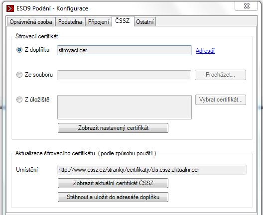 Po instalaci klientského doplňku je aktuální šifrovací certifikát umístěn v podadresáři CSSZ\, v adresáři instalace doplňku.