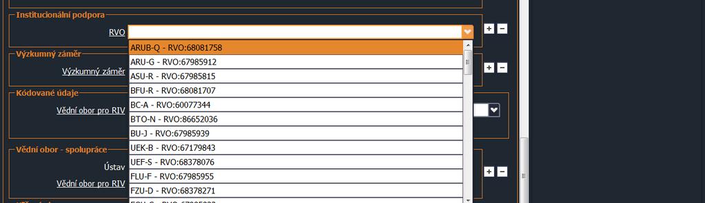 Obr. 15. Roleta s výběrem Institucionální podpory (RVO) V poli Poznámka lze nechat zpracovateli vzkaz. 2.1. Uložení, zveřejnění záznamu Vyhotovený záznam uložíme.