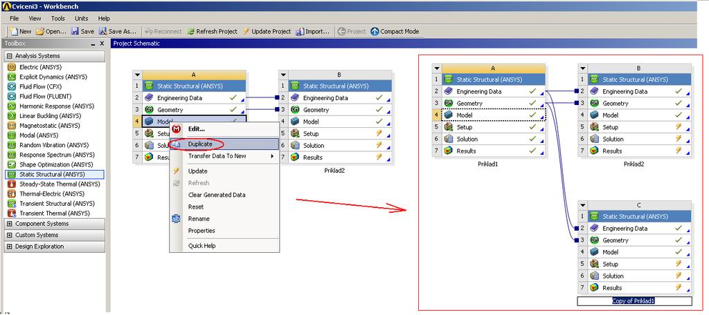 File/Close DesignModeler). Postup je naznačen na Obr. 23, nejprve spustíme novou analýzu, pro zlepšení přehlednosti nazveme tuto analýzu Priklad2, Priklad3 apod.