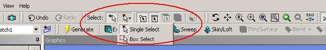 Select) a výběrem pomocí boxu (Box Select). Následují 4 ikony zapínající výběr jednotlivých entit - bodů (points), čar (edges), ploch (faces), těl (bodies).