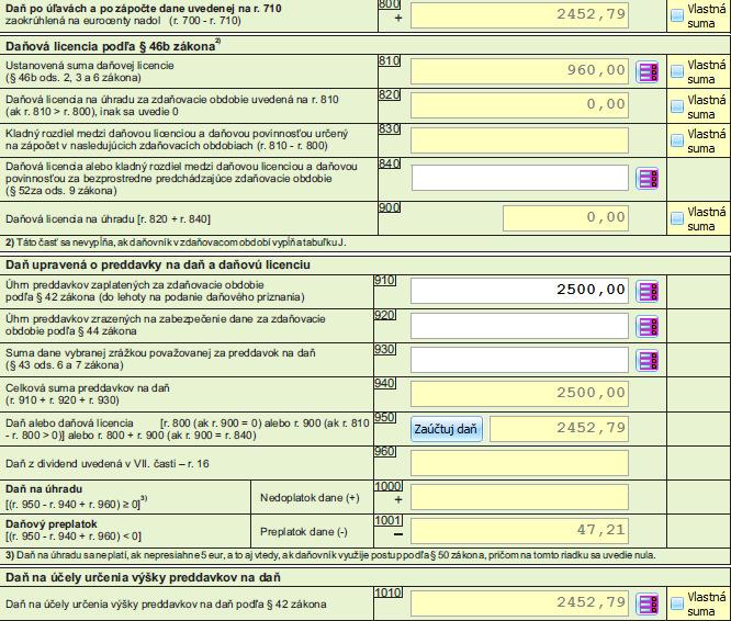 Príklad: V DPPO nám vyšla na r. 800 daň vo výške 2452,79. Účtovná jednotka je platiteľ DPH a ročný obrat jej nepresiahol 500 tis., tzn. ustanovená suma daňovej licencie je 960 (r. 810).