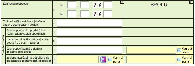 Stĺpec č. 6 SPOLU: - na r. 5 bude uvedená suma, ktorá sa vypočíta ako súčet: stĺpec č. 1 (r. 6) + stĺpec č. 2 (r.6) + stĺpec č. 3 (r.5) + stĺpec č. 4 (r.5) + stĺpec č. 5 (r.