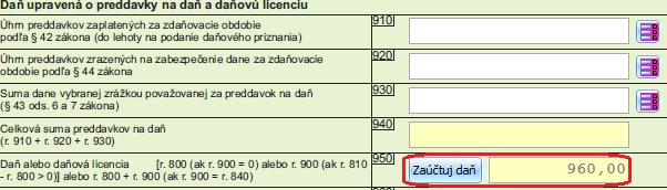 Výpočet a zaúčtovanie dane (daňovej licencie) Po vyplnení daňového priznania je potrebné zaúčtovať posledný účtový zápis, ktorým sa zaúčtuje daňová povinnosť.