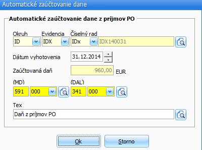 V programe Omega je možné automaticky zaúčtovať daň z riadku 800, ktorá je uvedená na riadku 950 do Evidencie účtovných dokladov.