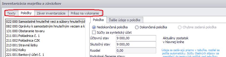 V spodnej časti formulára sa nachádza tlačidlo Možnosti, ktorým je možné hromadne označiť všetky položky za dokončené, nedokončené, načítať do položiek údaje z Hlavnej knihy, prípadne využiť ďalšie