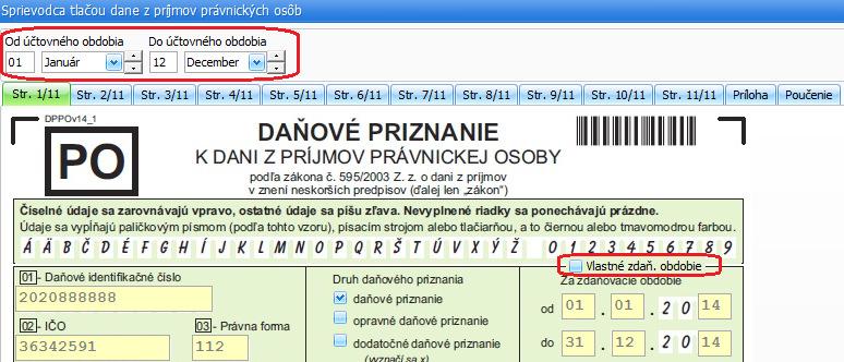 Prvú stranu daňového priznania načíta program automaticky z firemných údajov (Firma - Nastavenie - Firemné údaje).