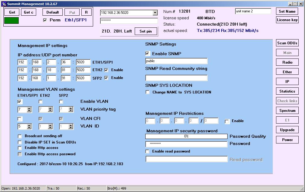 8 IP Obr.21: Nastavení SNMP, VLAN, hesla pro management IP address: UDP port number Nastavení 32 bitové IP adresy a UDP portu pro komunikaci se zařízením (zvlášť pro každý port).