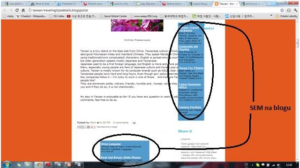 AdSense je program, který vytváří reklamní obsah na webových stránkách, například blogy nebo články. (Wertime a Fenwick, 2008. Harden a Heyman, 2009) Obr. 3.1 Příklad SEM na blogu.