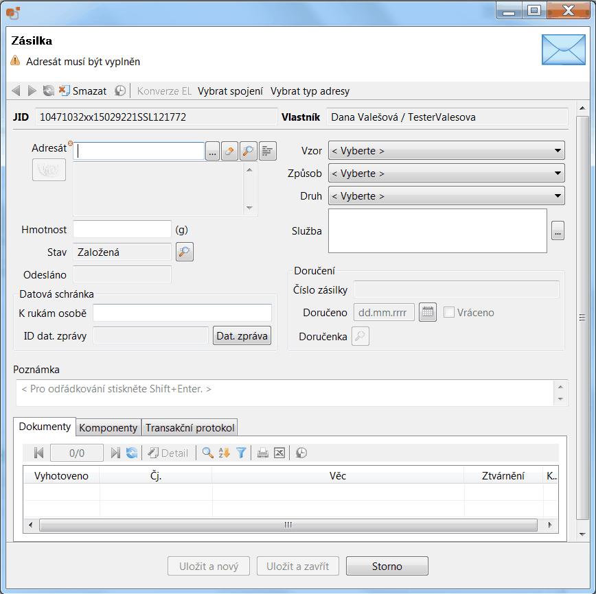 Vlastní dokumenty k vyřízení 39 Ve formuláři jsou předvyplněny údaje: JID (jednoznačný identifikátor) - nelze přepsat Vlastník = jméno a příjmení pracovníka, který zásilku vytvořil Stav = Založená Je