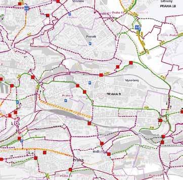 Zelená: stezka pro cyklisty, případně chodce, vedená mimo komunikaci pro motorová vozidla. Fialová: cyklotrasa vedoucí částečně i po méně frekventovaných silnicích.