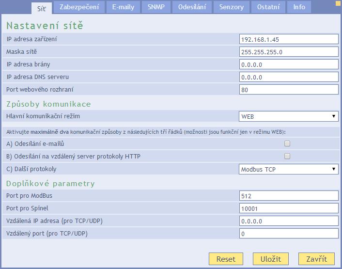 S í ť Nastavení síťových parametrů zařízení a komunikace TCP datovým kanálem. IP adresa zařízení obr. 10 panel nastavení sítě IP adresa zařízení.