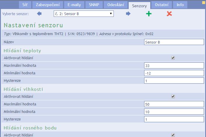 Po otevření záložky se zobrazí tabulka s přehledem všech senzorů registrovaných v zařízení. obr.