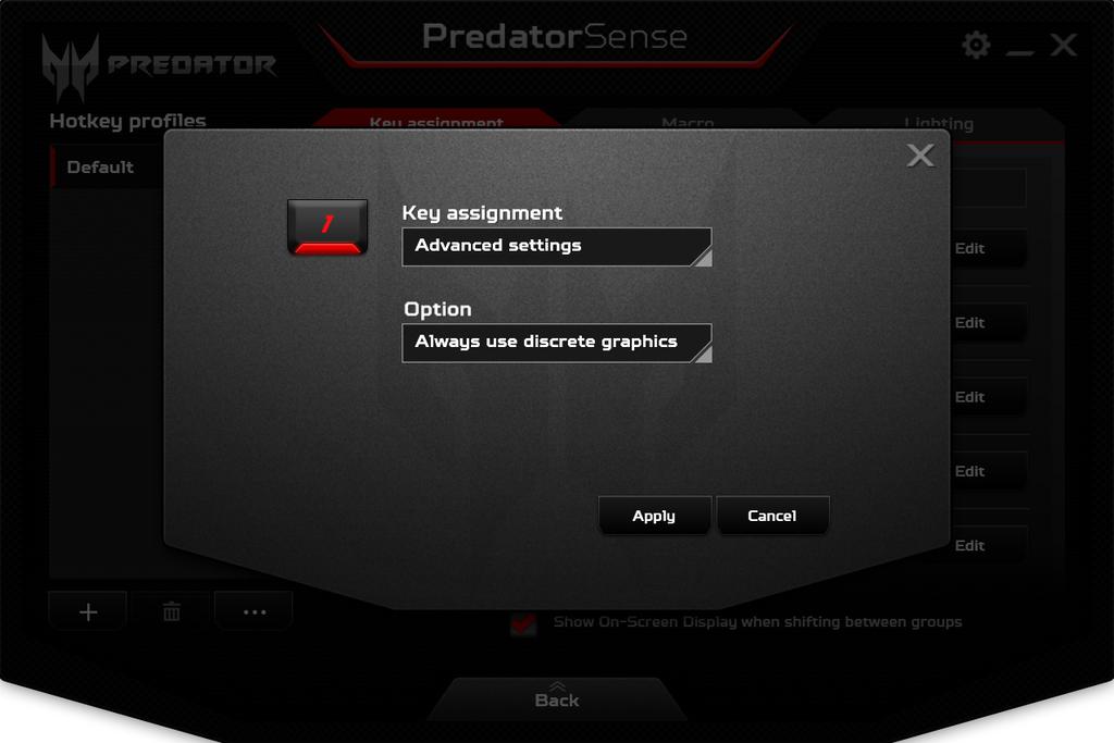 42 - PredatorSense Klikněte na [Edit] (Upravit) vedle preferované klávesové zkratky a vyberte akci, která se má při stisknutí klávesové zkratky provést. Klepněte na tlačítko [Apply] (Použít).