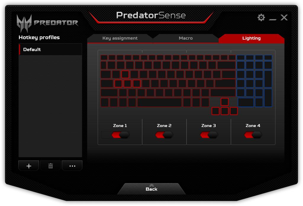 Úprava podsvícení klávesnice PredatorSense - 45 Podsvícení klávesnice je rozděleno do čtyř zón, které můžete zapínat a vypínat nezávisle na sobě.