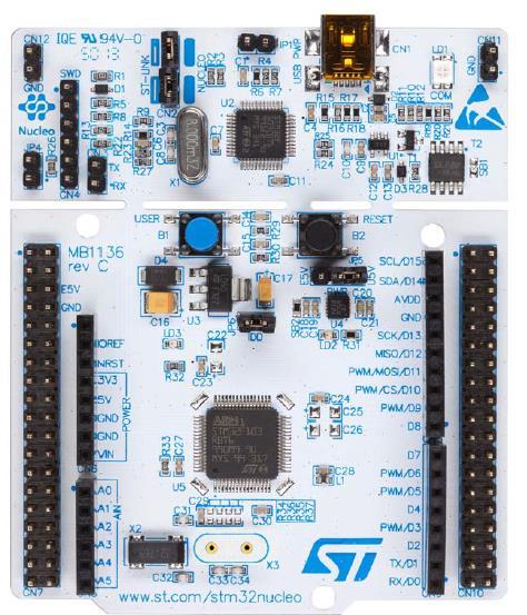 Obr. 1: NUCLEO-64 Na obr.1 vidíme NUCLEO-64. To číslo 64 znamená, že je použit MCU STM32 v pouzdru LQFP64.