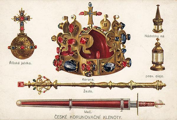 K českým královským insigniím nenáleţí pouze královská koruna, jablko a ţezlo, ale také původní koţené pouzdro na královskou korunu a svatováclavský meč.