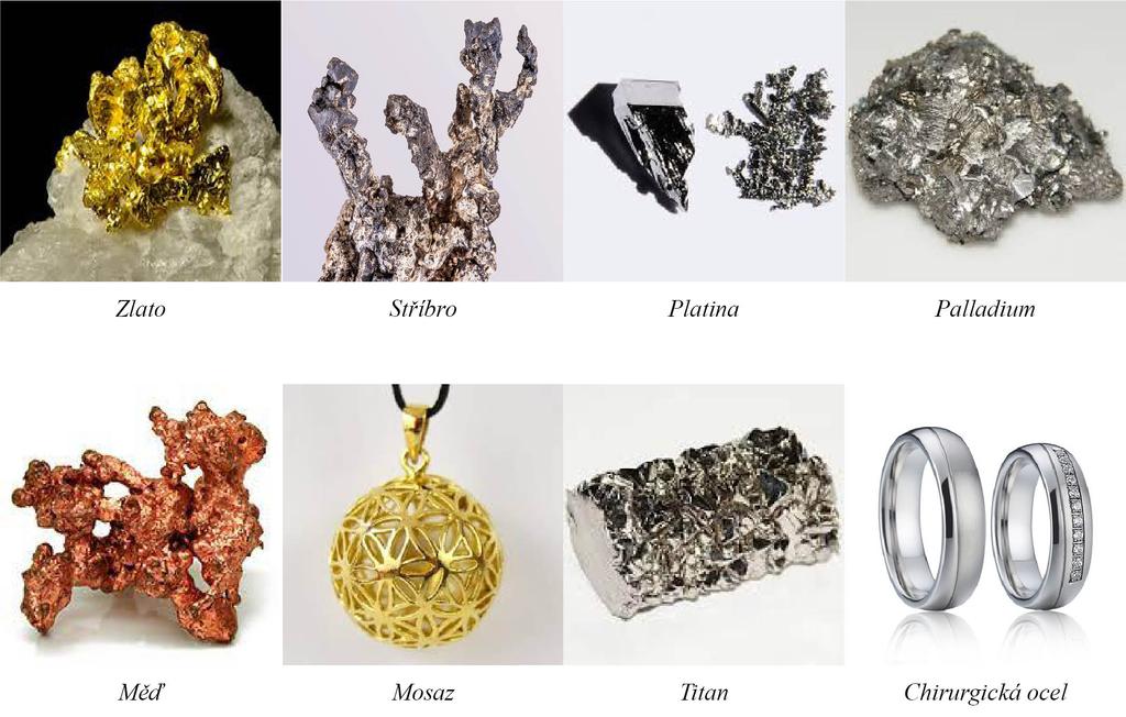 Obr. 27. Kovy ve šperkařství 1.3.2 Drahokamy a minerály Drahokamy a minerály jsou přírodními kameny, které se vyznačují jedinečnými vlastnostmi, jak optickými, tak fyzikálními.